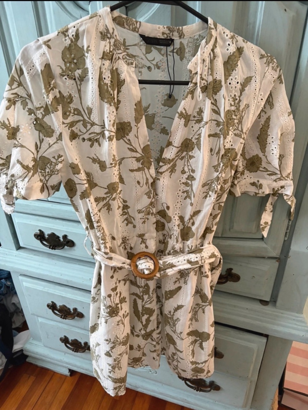 Eyelet Floral Wrap mini dress in Cream and Olive